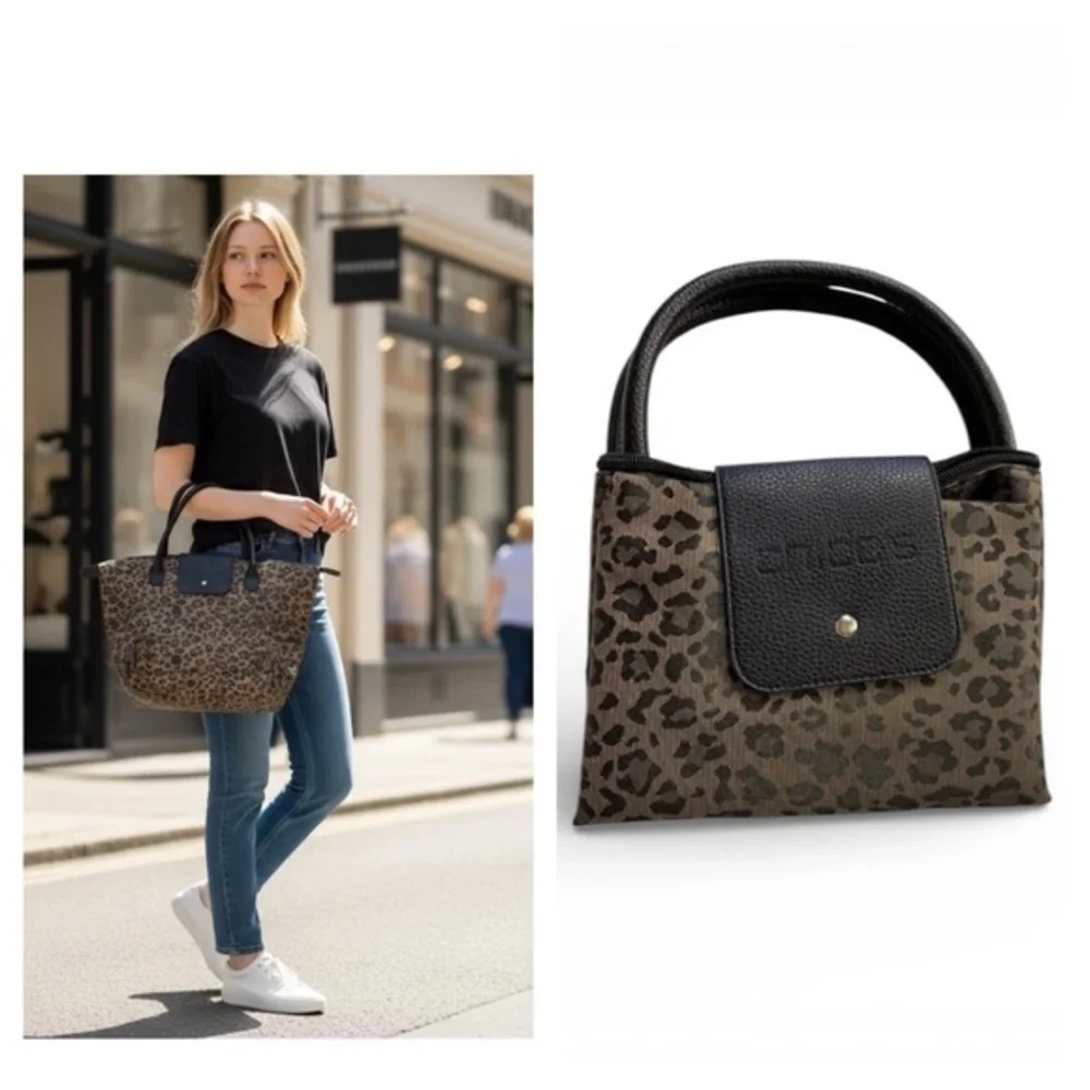 Chicos Animal Print Foldable Tote Bag Zip Top Handled Purse Travel Bag